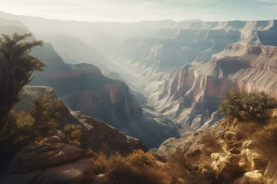 The morning view of Grand Canyon in the Fantasy world of Traha Global with intricate, highly-detailed and sharp focus in 4k Unreal Engine resembling an oil painting. Generative AI
