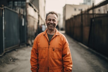 Portrait of a smiling mature man in an orange jacket on the street.