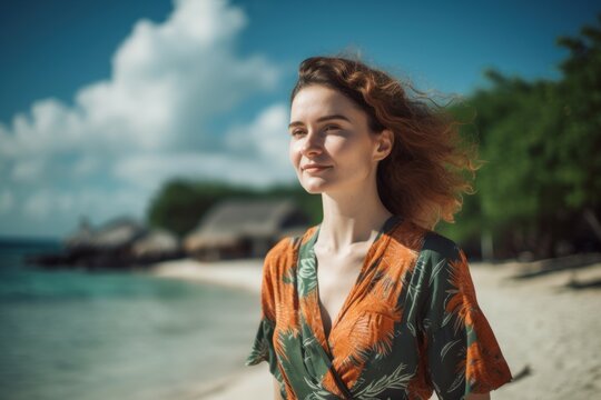 Environmental portrait photography of a pleased woman in her 30s wearing a trendy jumpsuit against an island or beach paradise background. Generative AI