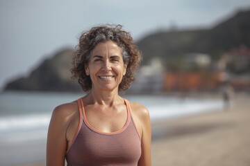 Portrait of smiling mature woman standing on beach with surfboard in background