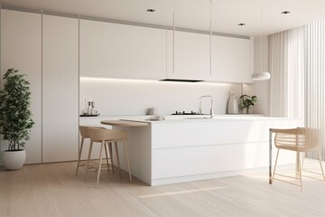 Fototapeta na wymiar A contemporary white kitchen interior in an empty room. 3D-rendered. Generative AI