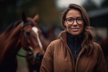Portrait of a beautiful young woman in a brown coat with a horse.