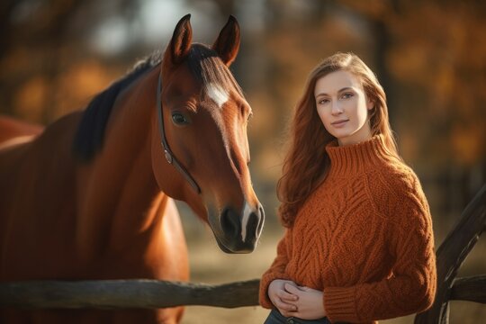 Portrait of a beautiful young woman in a red sweater with a horse