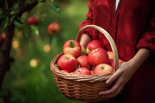 Close-up of woman with casual clothes with hands holding wicker basket full of red apple ripe fresh organic vegetables, Summer harvest in apple garden, Background with green apple tree. Generative AI