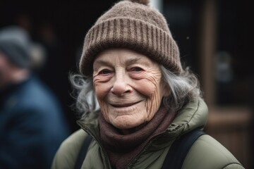 Portrait of an elderly woman on the street in winter time.
