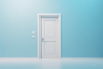 Closed door white on bright pastel blue wall background, banner, copy space. Generative AI