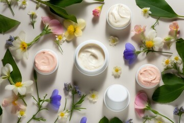 Obraz na płótnie Canvas Eco-friendly cosmetic with organic cream and colorful spring flowers. Health and wellness showcased in a horizontal banner image. Generative AI