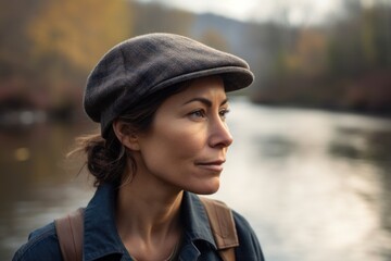portrait of a girl in a cap on the background of the river