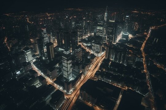 A city skyline viewed from above during nighttime. Generative AI