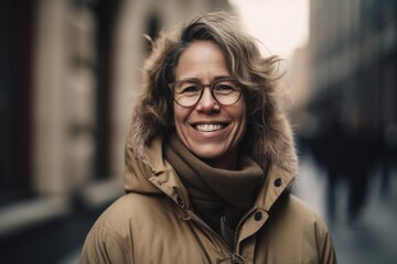 Fototapeta premium Portrait of smiling middle-aged woman with eyeglasses in the city