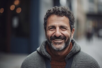 Portrait of a smiling middle-aged man with beard in the city.