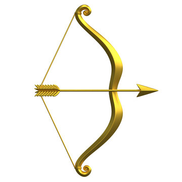 Golden bow and arrow isolated on white background 3d rendering