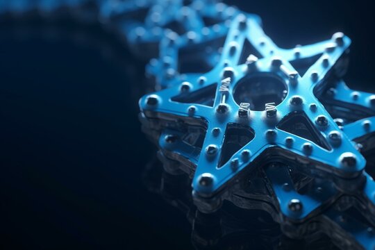 Bike chain in star shape on blue. Close-up, detailed, 3D rendering. Generative AI