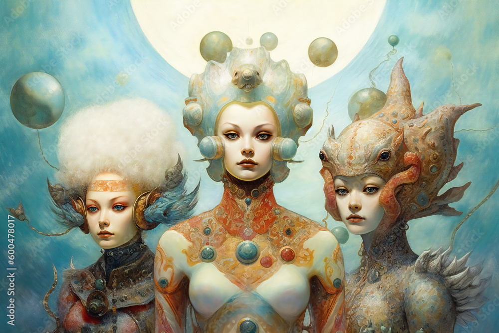 Poster surreal composition with bizarre beings. created with generative ai technology.