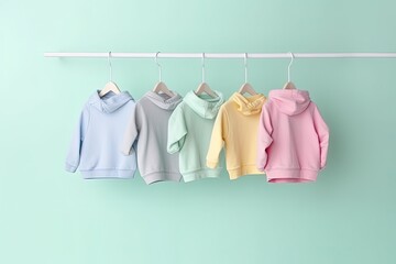Cute baby clothes hoodies hanging on hangers front view on colorful pastel blue background with copy space. Generative AI