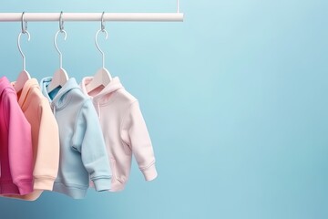 Cute baby clothes hoodies hanging on hangers front view on colorful pastel blue background with copy space. Generative AI