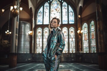 Full-length portrait photography of a satisfied woman in her 20s wearing a comfortable tracksuit against a stained glass or cathedral background. Generative AI