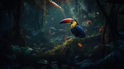 Fototapeta premium dark night jungle with a toucan, generative ai