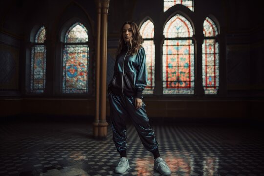 Full-length portrait photography of a satisfied woman in her 20s wearing a comfortable tracksuit against a stained glass or cathedral background. Generative AI