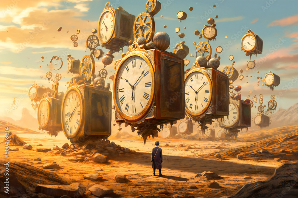 Poster surreal time related or time travel abstract composition. time related concept. created with generat