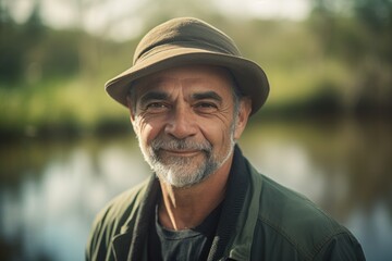 Naklejka na ściany i meble Portrait of a senior man in a hat on the river bank