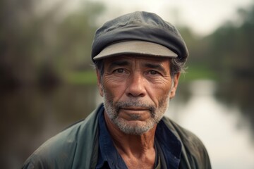 portrait of an old man in a cap on the river bank