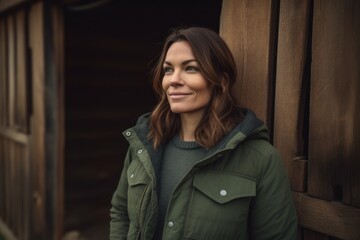 Portrait of a beautiful young woman in a green coat on a wooden background