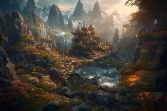 Enchanting painting of illuminated mountains, forests, and lakes in a fantastical realm inhabited by elves. Generative AI