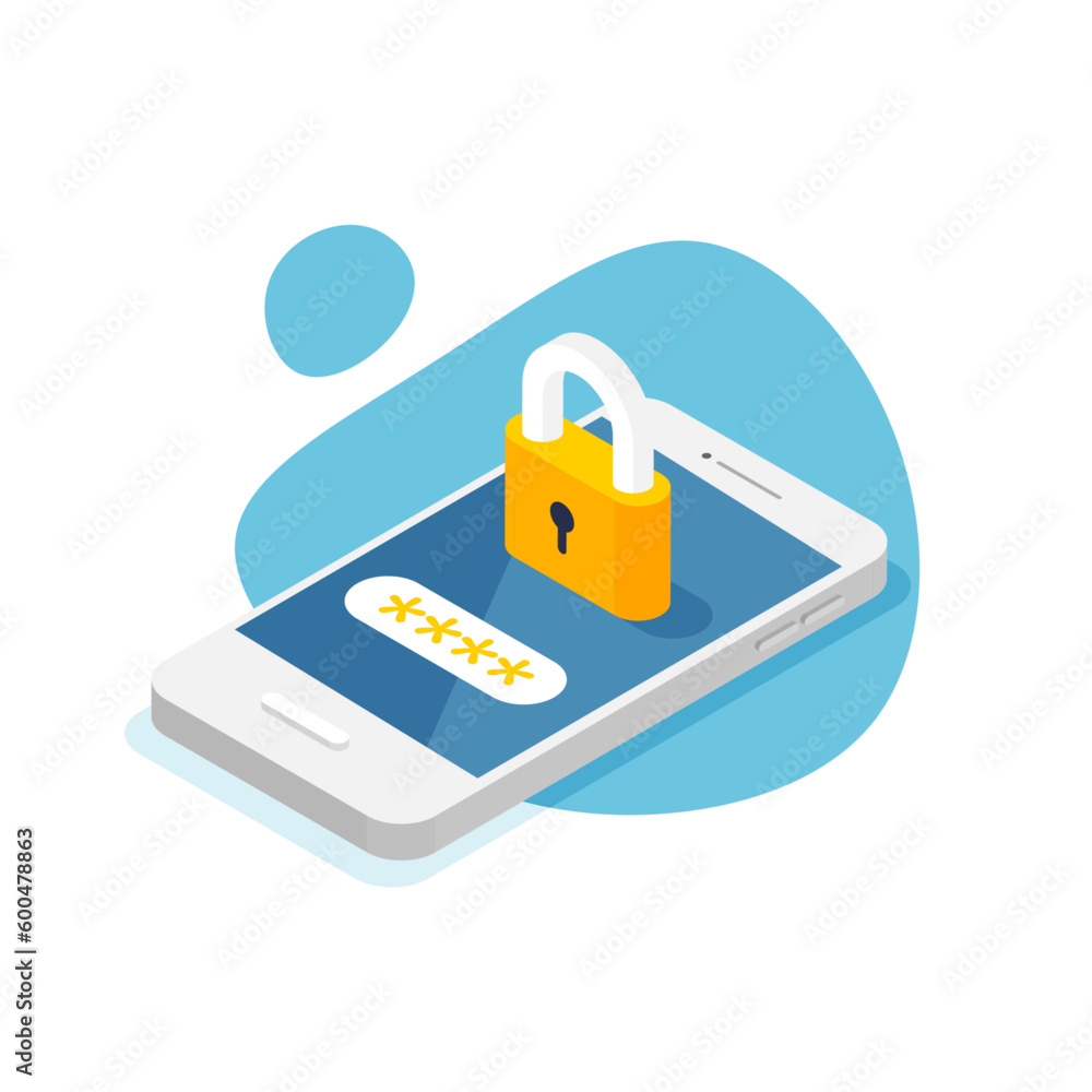 Poster password phone protected. 3d mobile phone locked. smartphone security alert. authorization. vector i