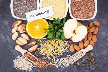 Inscription hashimoto with beneficial eating for thyroid gland. Healthy ingredients as source vitamins and minerals