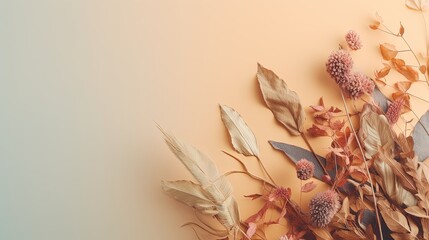 Dry natural grass, leaves and flowers beauty and fashion concept mock up on pastel background. Generative AI
