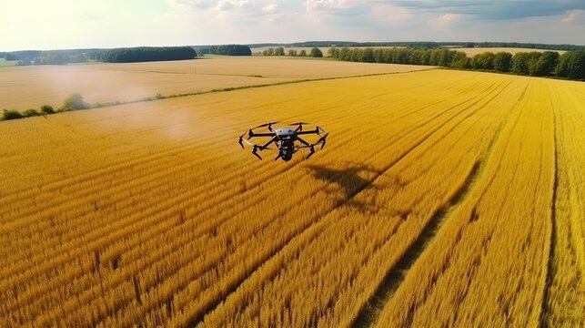 Modern technologies in agriculture. Industrial drone flies over a green field and sprays useful pesticides to increase productivity and destroys harmful insects. Generative AI