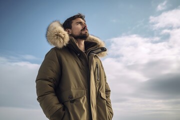 Young handsome man with beard and mustache wearing warm jacket outdoor on sky background