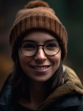 young beautiful hipster woman in hat and glasses smiling in autumn park