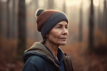 Portrait of a senior woman in the autumn forest. Soft focus.