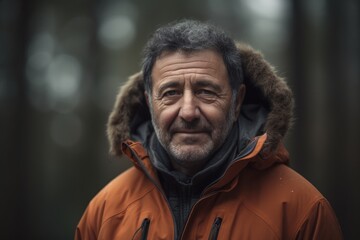Fototapeta premium Portrait of a middle-aged man in an orange jacket in the woods