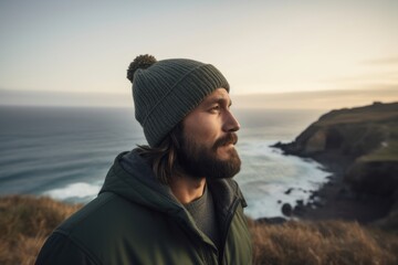 Full-length portrait photography of a pleased man in his 30s wearing a warm beanie or knit hat against a windswept or dramatic landscape background. Generative AI
