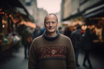 Fototapeta premium Portrait of a middle-aged man in a sweater on the street.