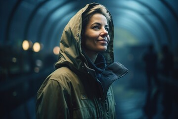 Environmental portrait photography of a cheerful woman in her 40s wearing a warm parka against an aquarium or underwater background. Generative AI