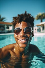 Happy Young Black Man Swimming at a Pool Party Photorealistic Illustration [Generative AI]