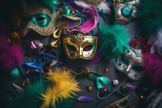 Mardi Gras carnival scene with masks and decorations in a flat lay view. Generative AI