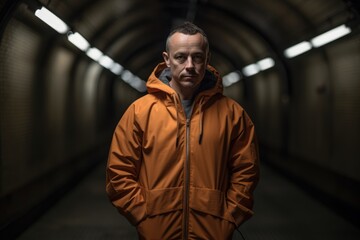 Group portrait photography of a grinning man in his 40s wearing a comfortable tracksuit against a tunnel or underground passage background. Generative AI