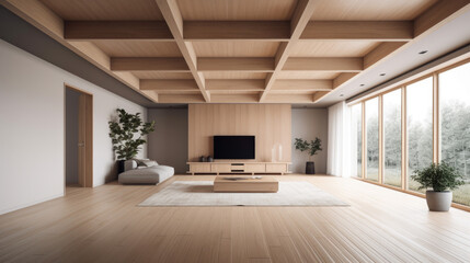 Fototapeta na wymiar Living room with wooden ceilings and wooden floors. Generative AI