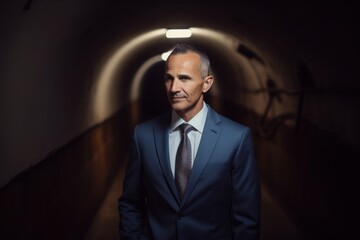 Fototapeta premium Portrait of a senior businessman standing in an underground tunnel looking at the camera