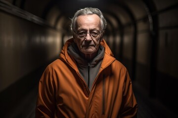 Portrait of a senior man wearing a raincoat in an underground tunnel