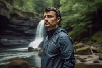 Handsome caucasian man in raincoat standing near waterfall