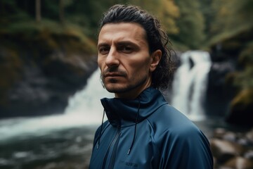 Medium shot portrait photography of a satisfied man in his 30s wearing a comfortable tracksuit against a river or waterfall background. Generative AI
