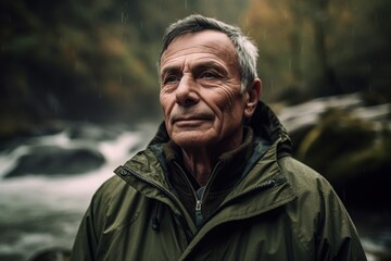Medium shot portrait photography of a satisfied man in his 50s wearing a warm parka against a river or waterfall background. Generative AI
