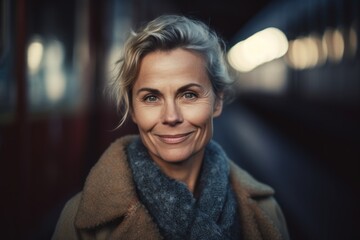 Portrait of smiling middle-aged woman in a subway station.