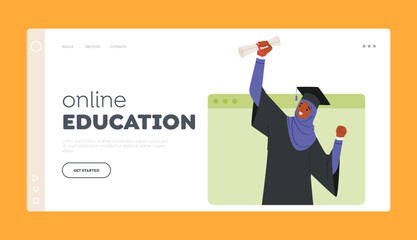 Online Education Landing Page Template. Graduation Ceremony, Muslim Girl Bachelor Character Holding Diploma On Screen